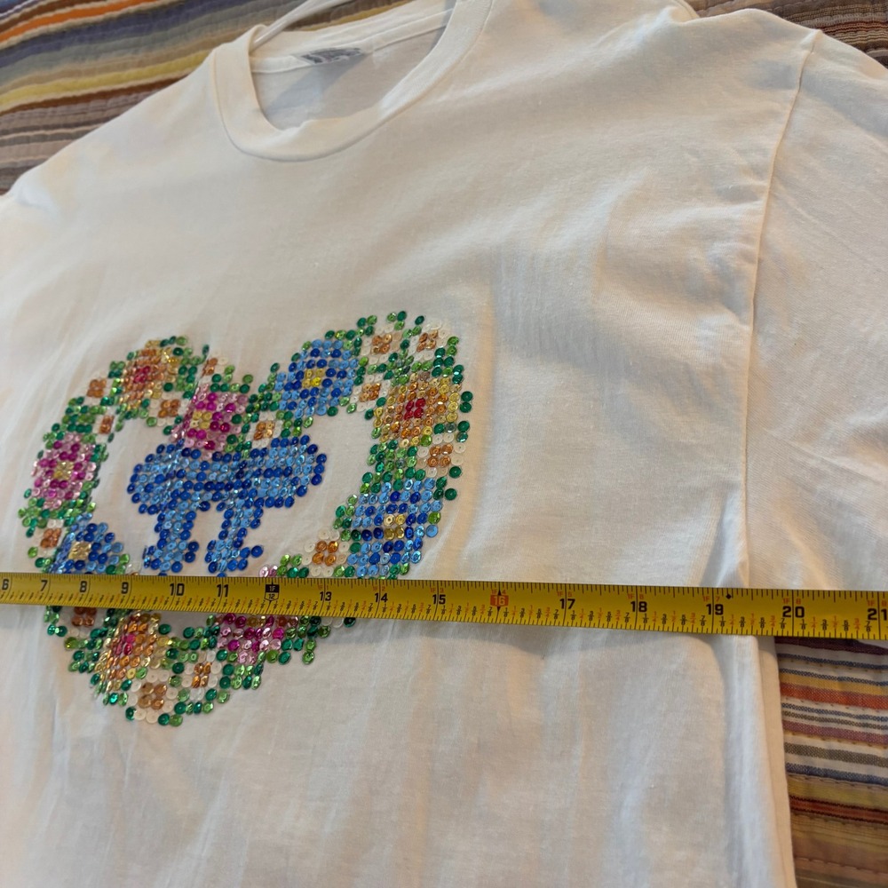 Vintage Hanes Beefy-T White Long Sleeve Sequin Heart Floral Shirt Large L - Picture 6 of 8